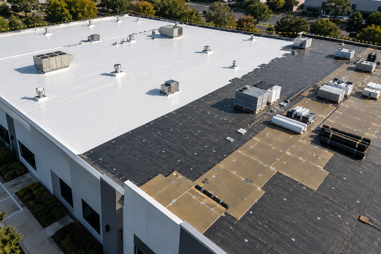 Illustrative aerial view for roof replacement progress photography