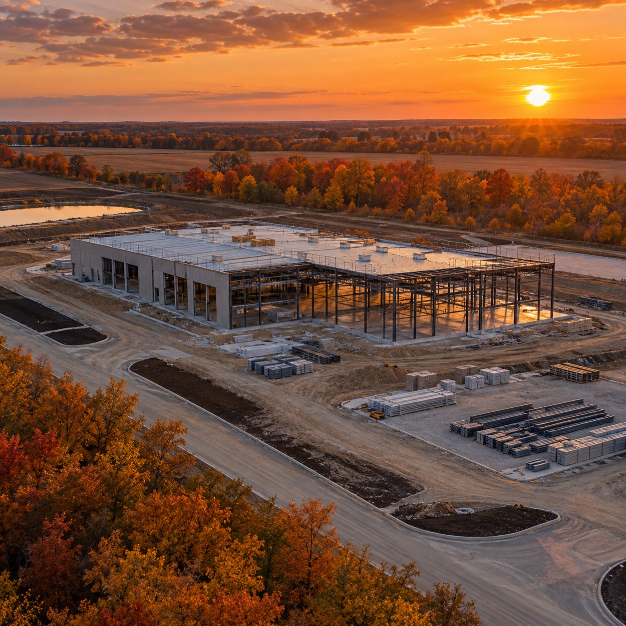 Commercial building under construction at an autumn sunset